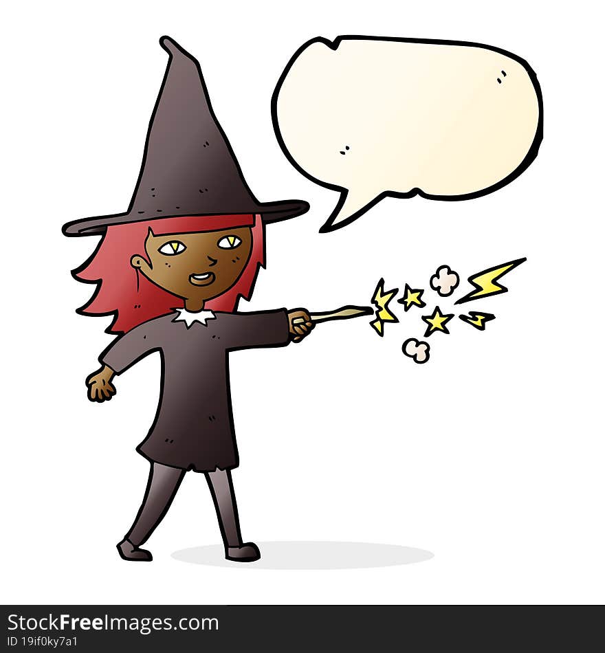 Cartoon Witch Girl Casting Spell With Speech Bubble