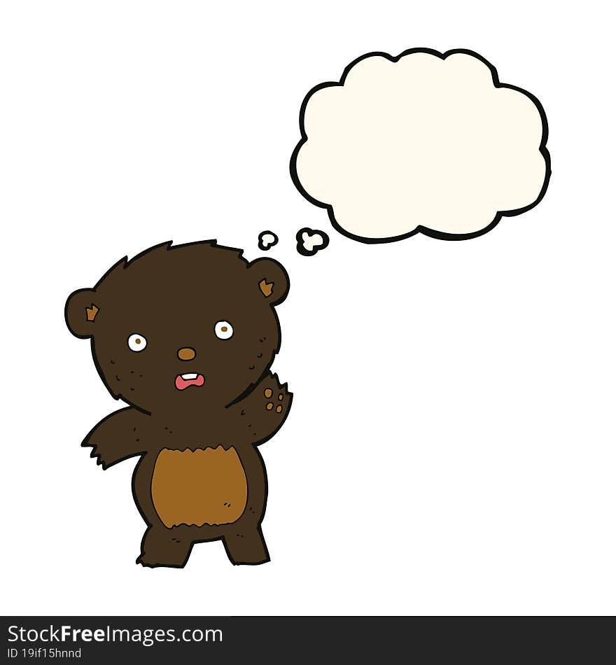 cartoon waving black bear cub with thought bubble