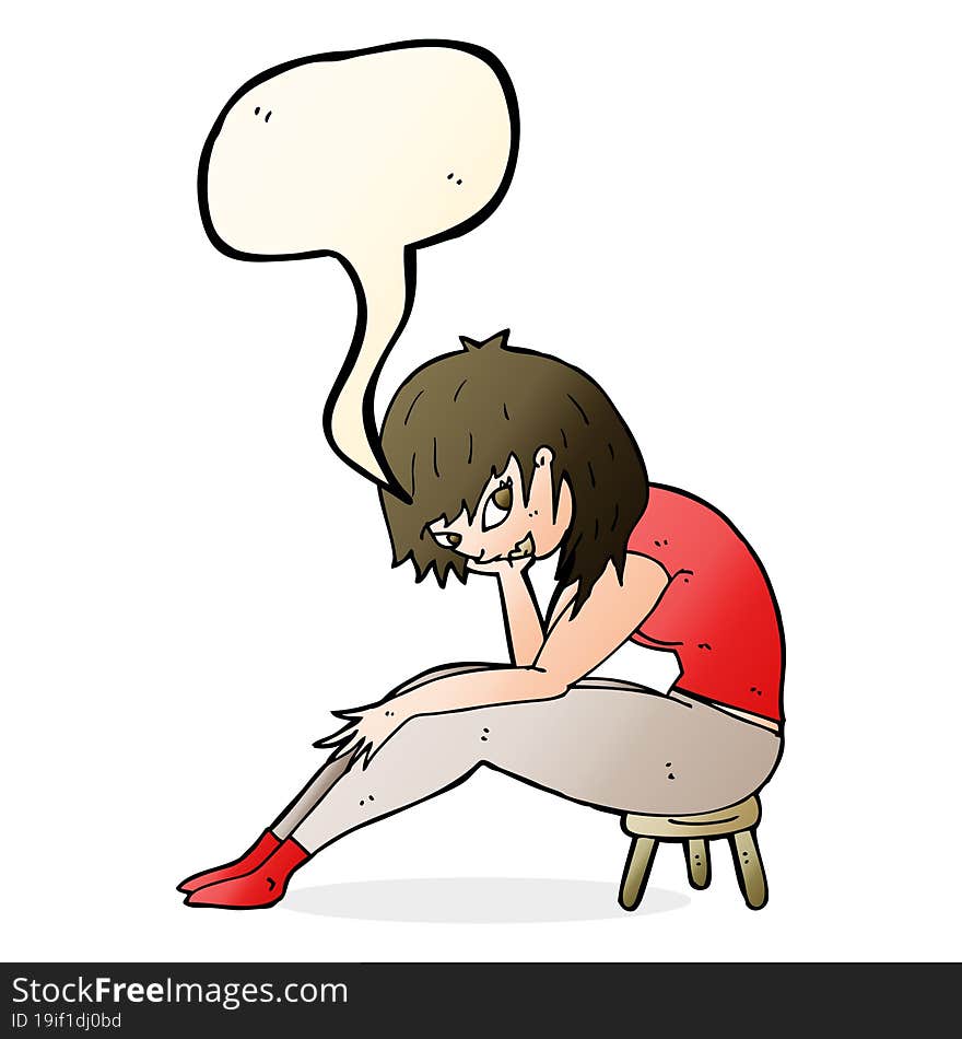 cartoon woman sitting on small stool with speech bubble