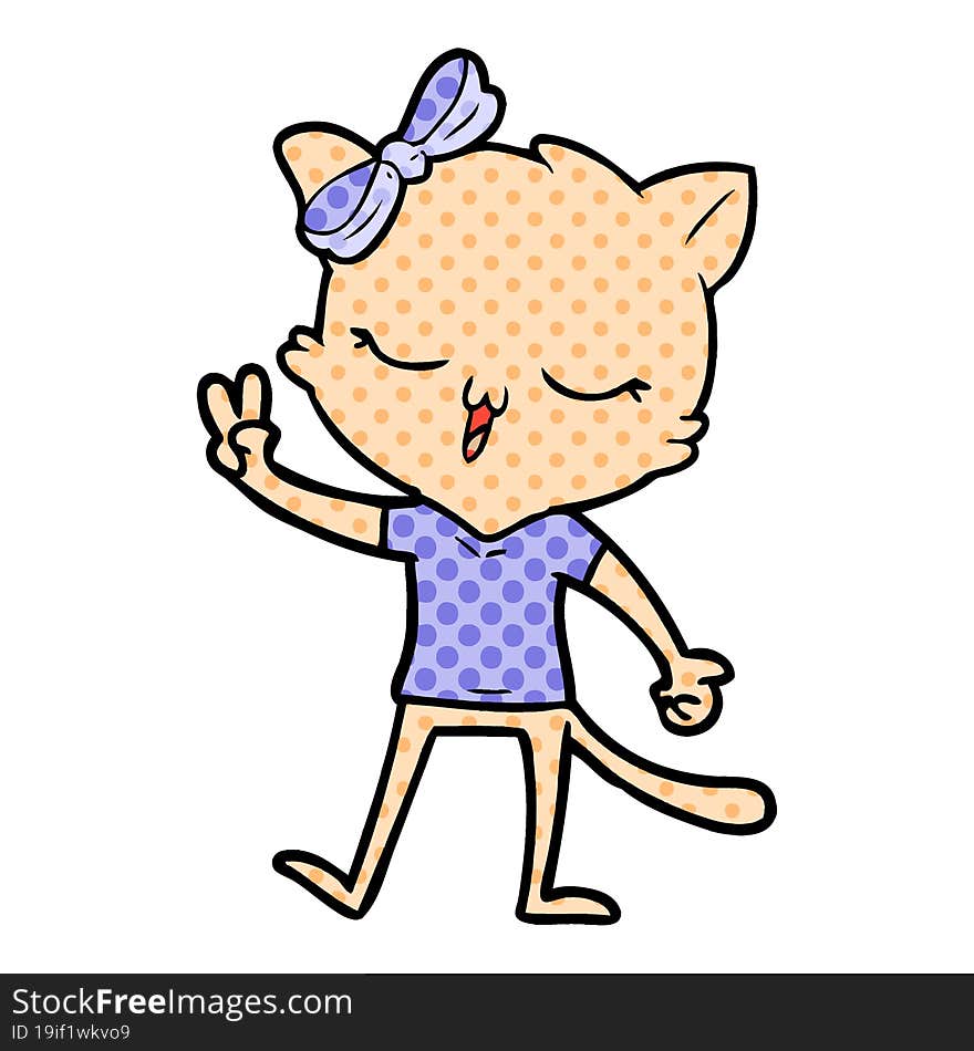 cartoon cat with bow on head giving peace sign. cartoon cat with bow on head giving peace sign