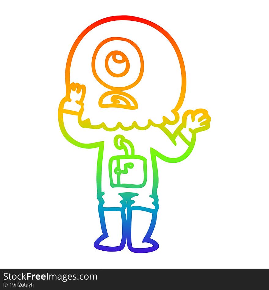 rainbow gradient line drawing of a worried cartoon cyclops alien spaceman