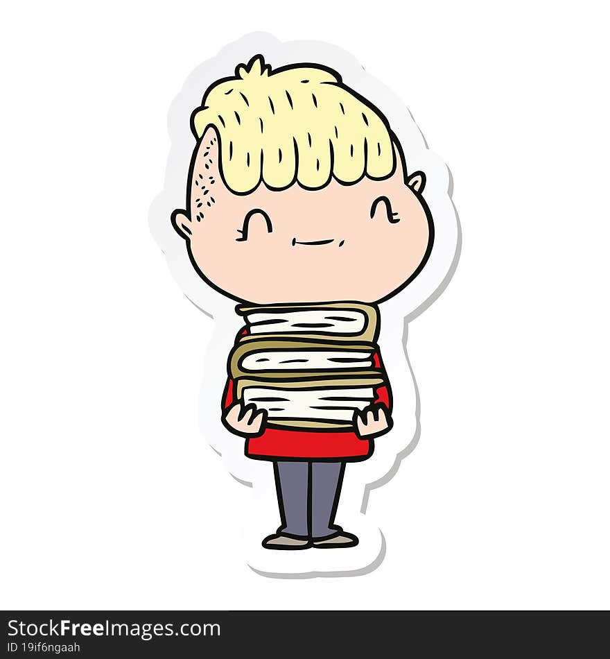 Sticker Of A Cartoon Friendly Boy With Books