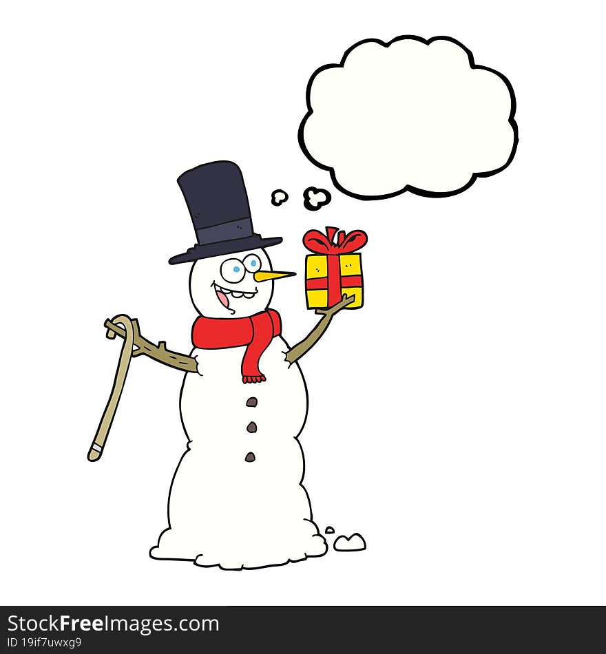 freehand drawn thought bubble cartoon snowman holding present