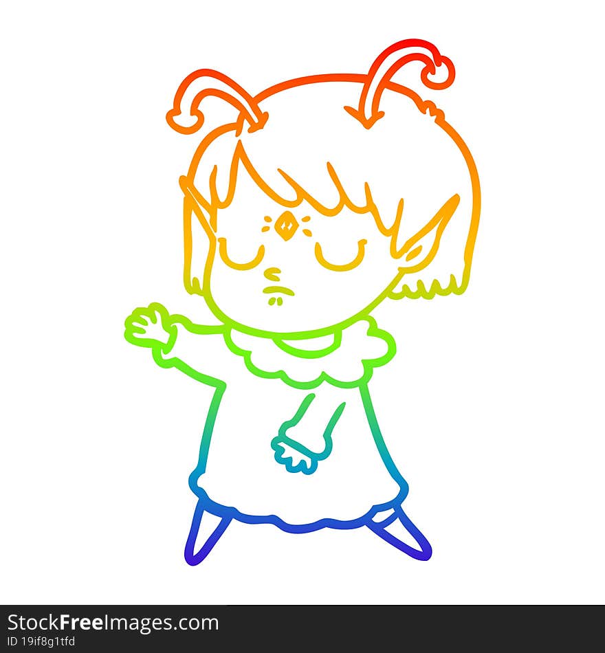 rainbow gradient line drawing of a cartoon alien girl