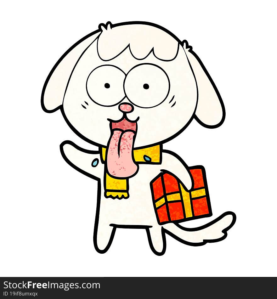 cute cartoon dog with christmas present. cute cartoon dog with christmas present