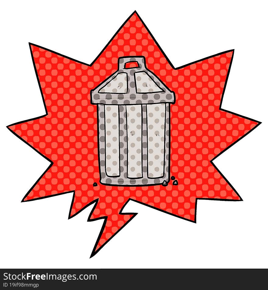 cartoon old metal garbage can and speech bubble in comic book style