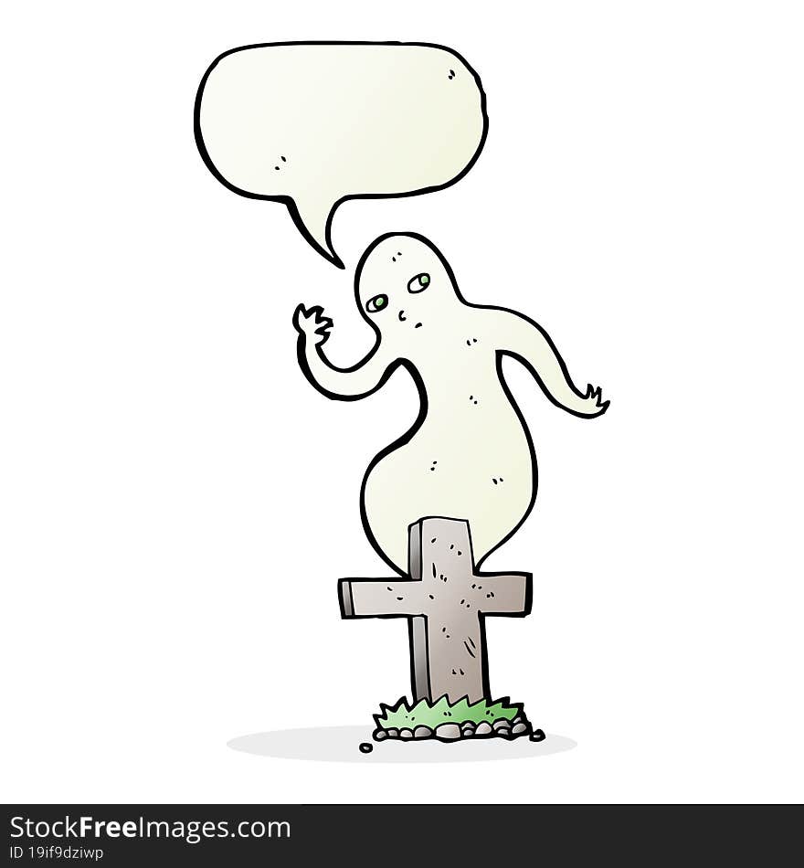 cartoon ghost rising from grave with speech bubble