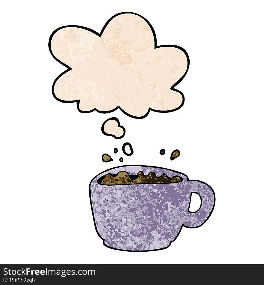 cartoon coffee cup and thought bubble in grunge texture pattern style