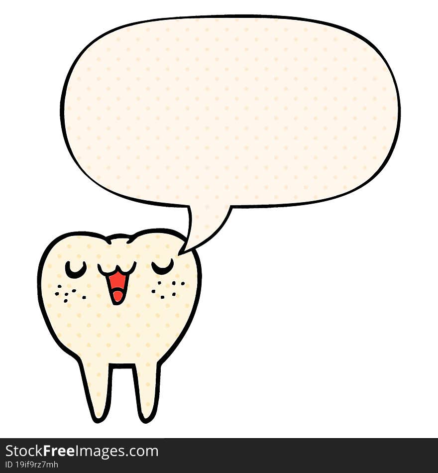 cartoon tooth with speech bubble in comic book style