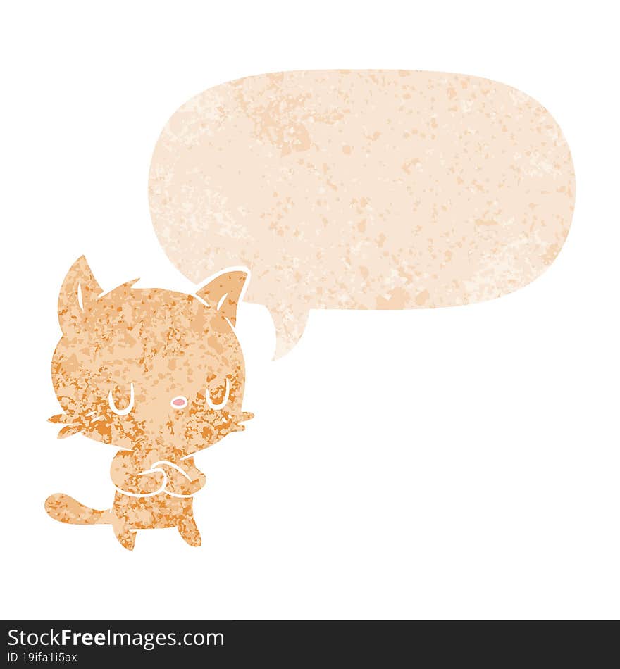 cartoon cat and speech bubble in retro textured style