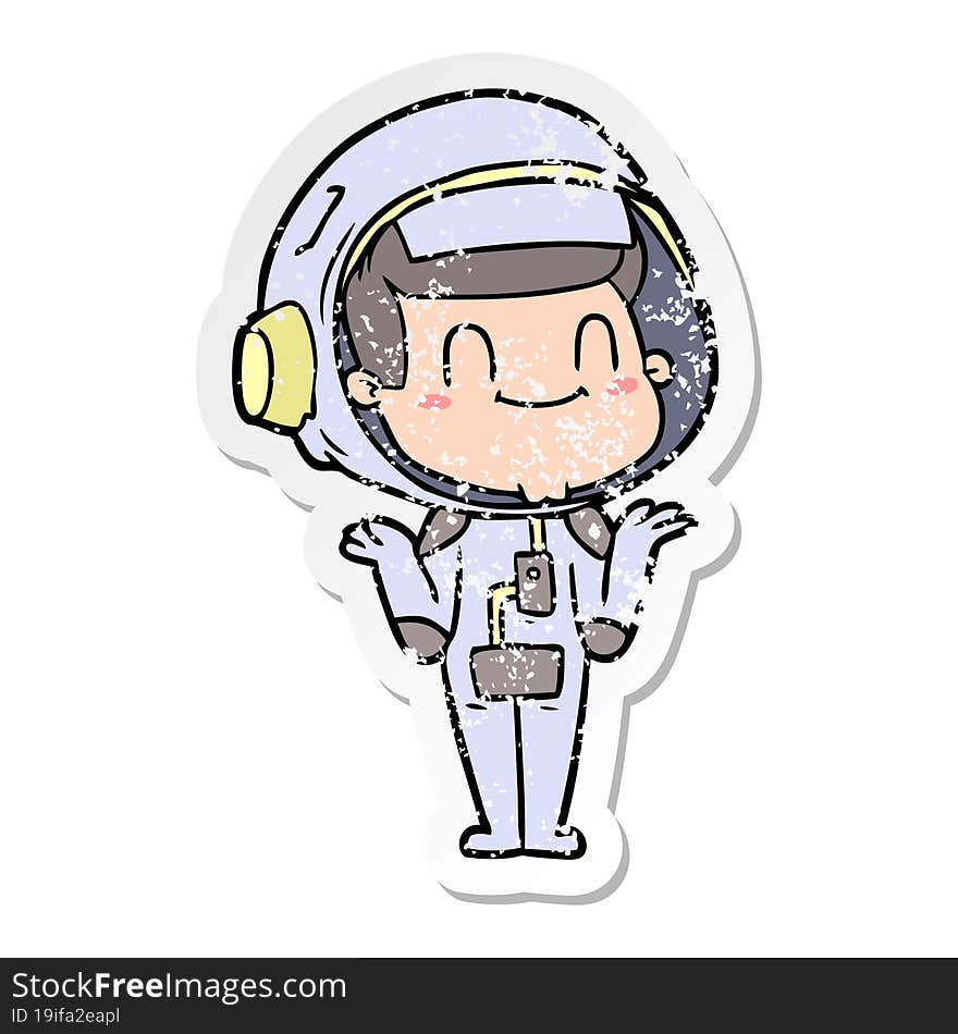 distressed sticker of a happy cartoon astronaut man