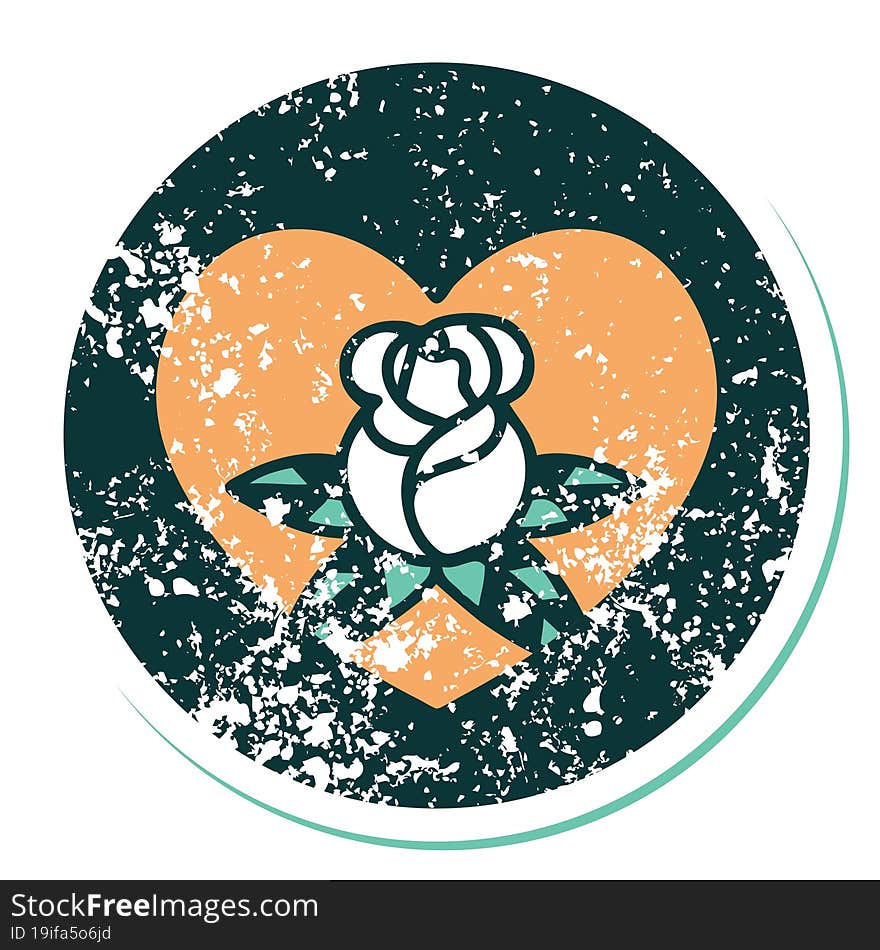 iconic distressed sticker tattoo style image of a heart and flowers. iconic distressed sticker tattoo style image of a heart and flowers