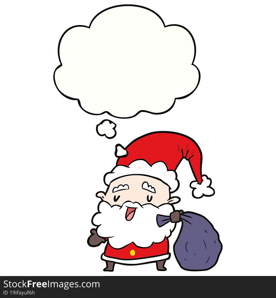 cartoon santa claus with sack and thought bubble