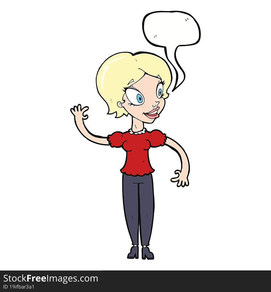 cartoon woman waving with speech bubble