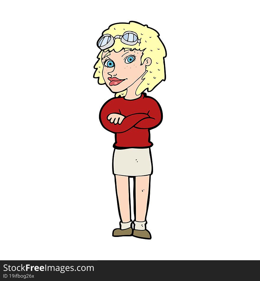 cartoon woman with crossed arms and safety goggles