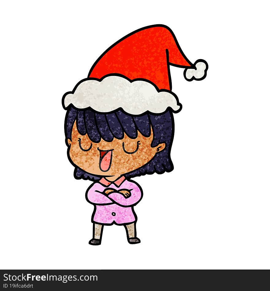 textured cartoon of a woman wearing santa hat