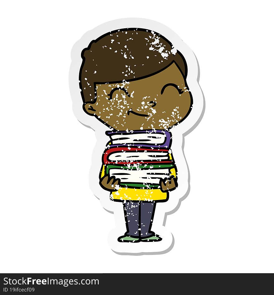 Distressed Sticker Of A Cartoon Boy With Books Smiling