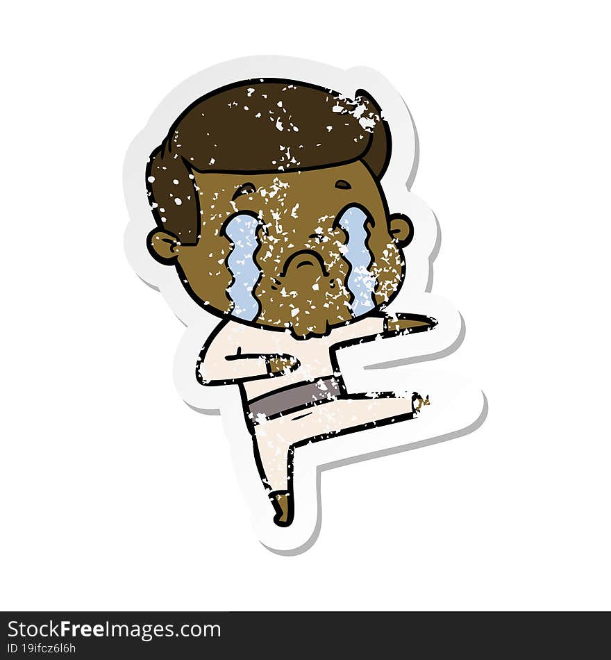 distressed sticker of a cartoon man crying