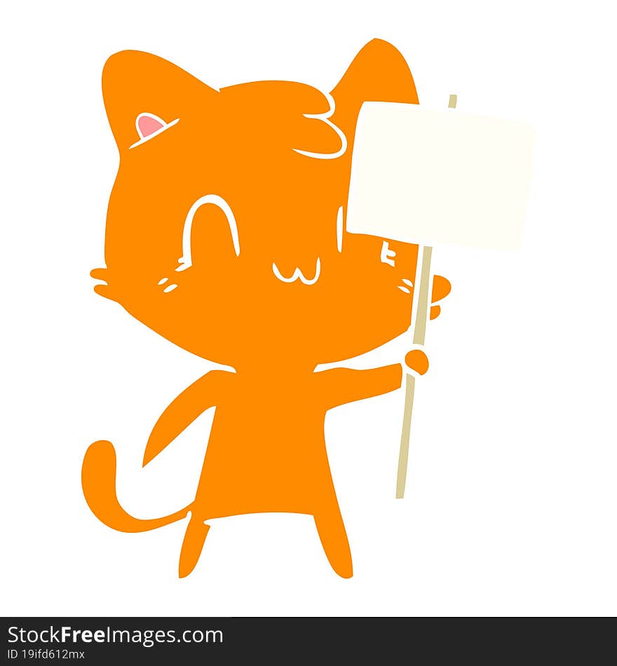 flat color style cartoon happy cat with blank sign