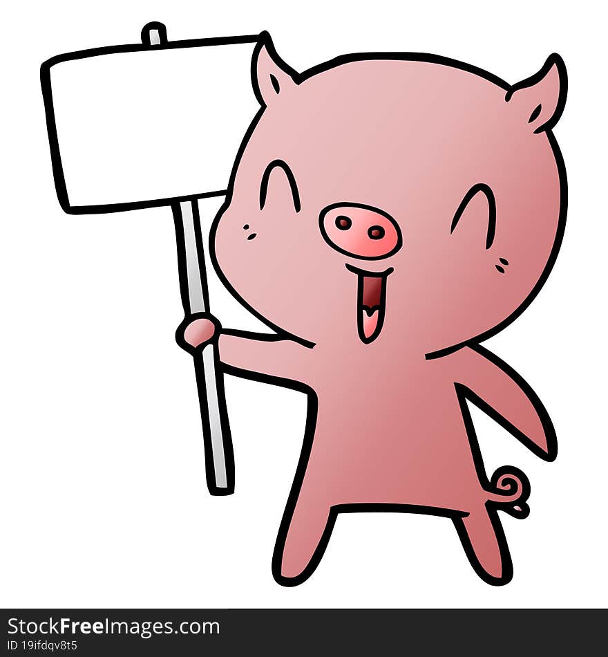 happy cartoon pig with sign post. happy cartoon pig with sign post