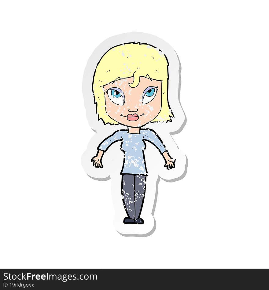 Retro Distressed Sticker Of A Cartoon Girl Shrugging Shoulders