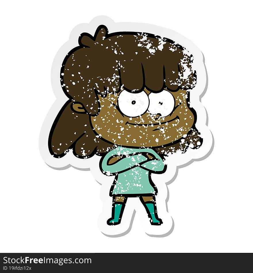 distressed sticker of a cartoon smiling woman