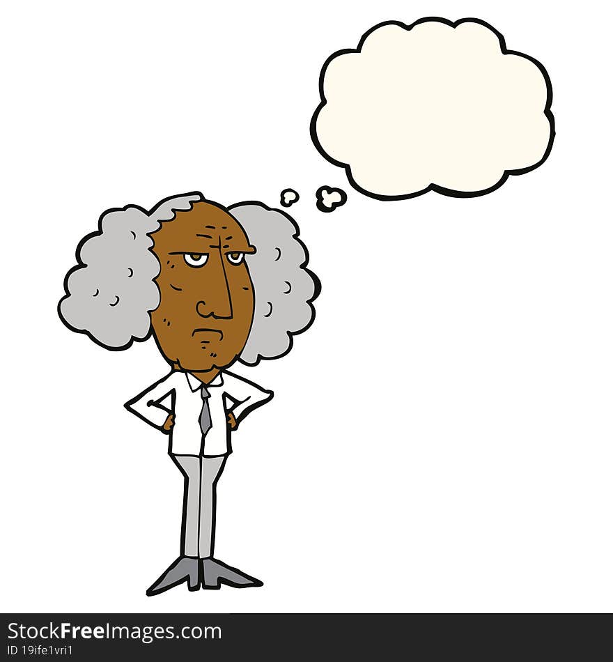 cartoon big hair lecturer man with thought bubble