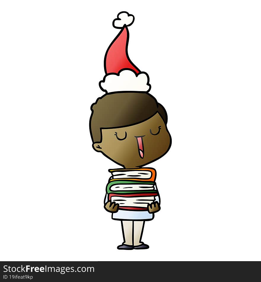 hand drawn gradient cartoon of a happy boy with stack of books wearing santa hat