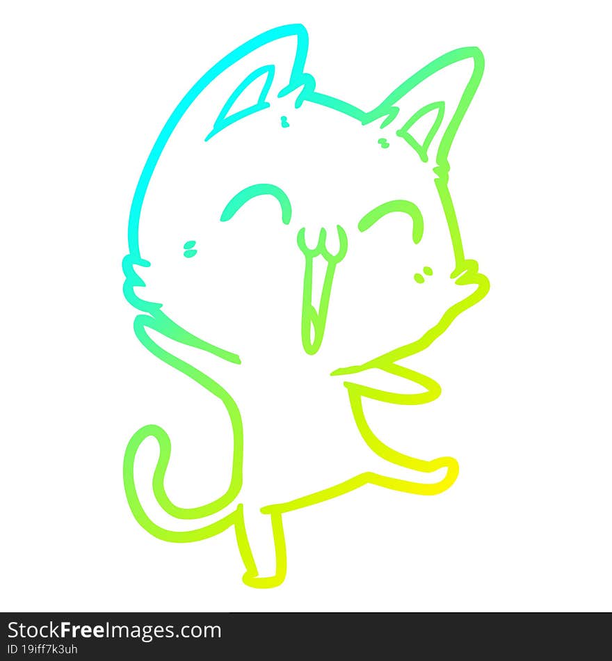 Cold Gradient Line Drawing Happy Cartoon Cat Meowing