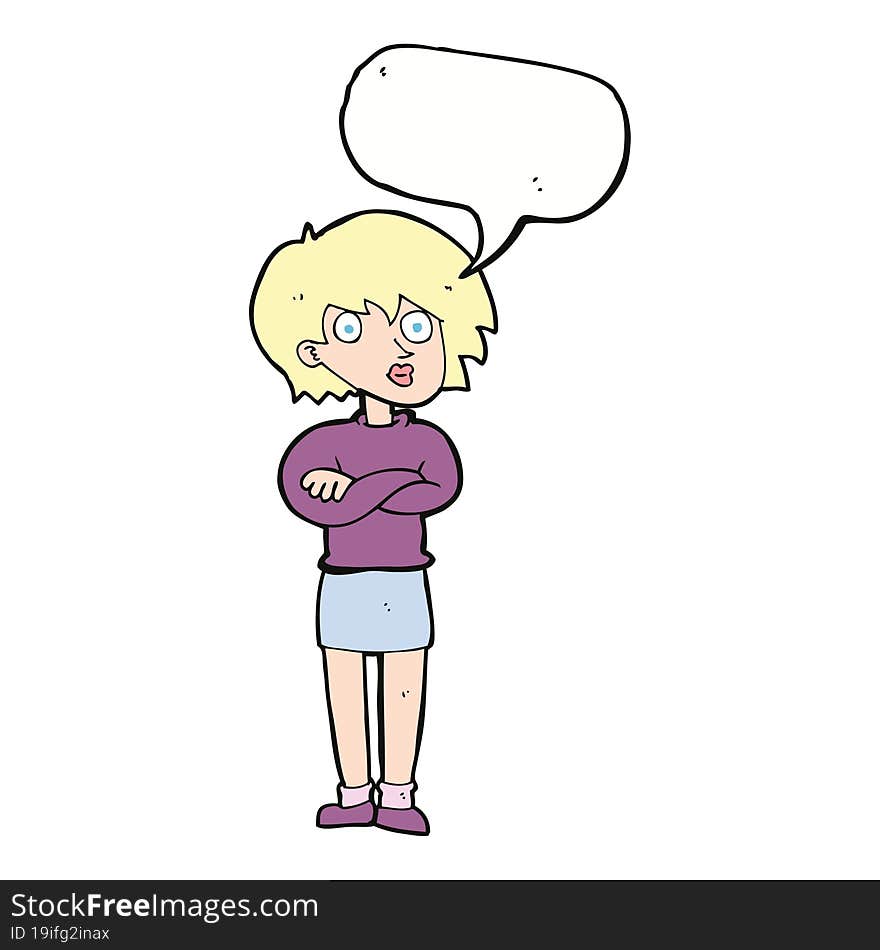 cartoon woman wit crossed arms with speech bubble