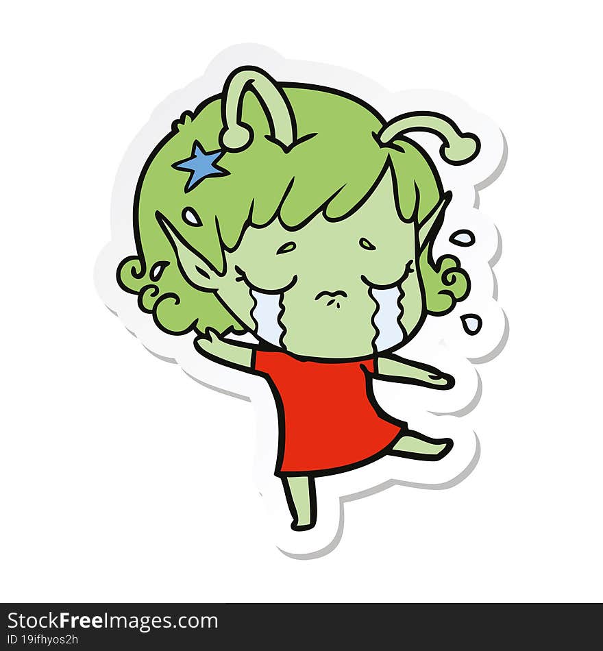 sticker of a cartoon crying alien girl