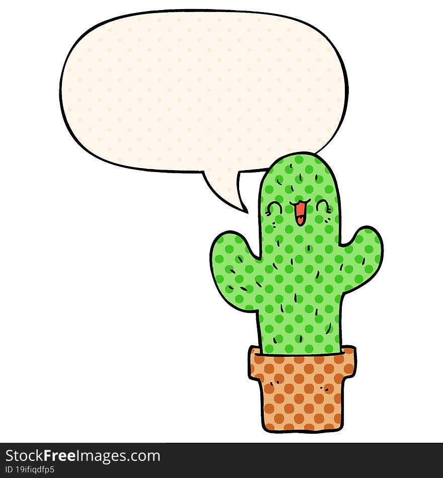 cartoon cactus and speech bubble in comic book style