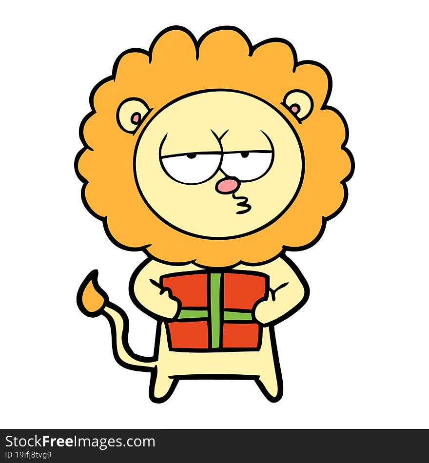 cartoon bored lion with present. cartoon bored lion with present