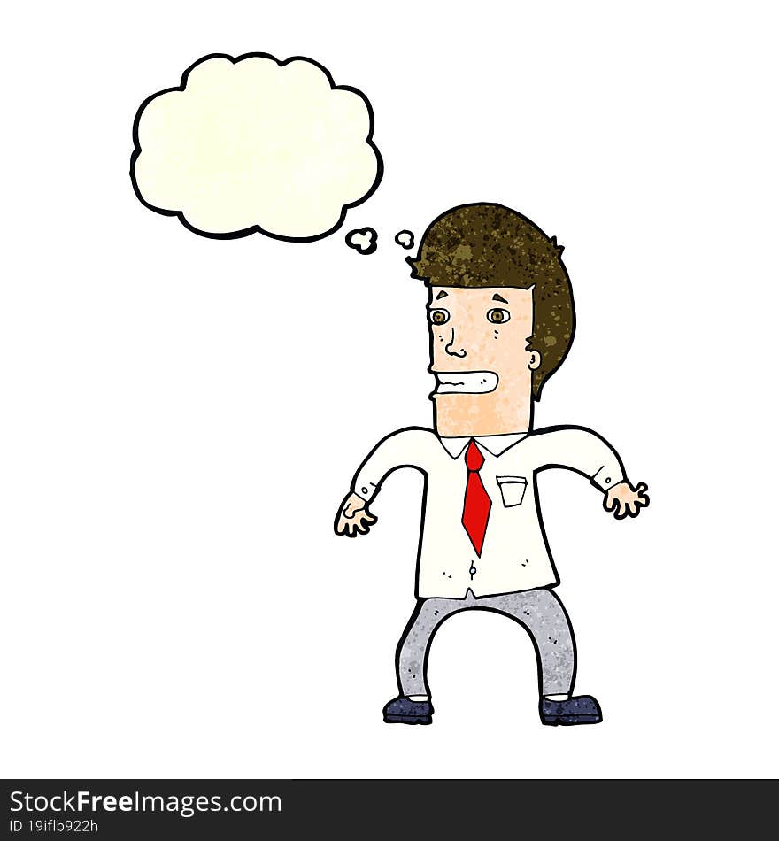 cartoon nervous businessman with thought bubble