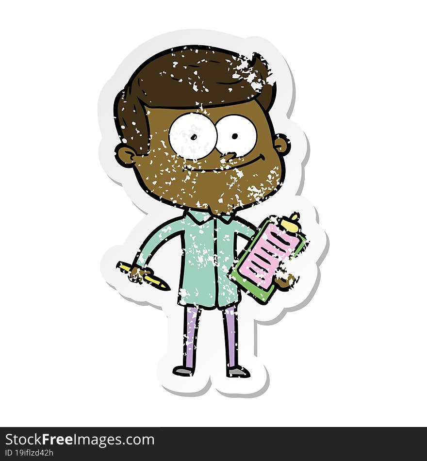 Distressed Sticker Of A Cartoon Happy Salesman