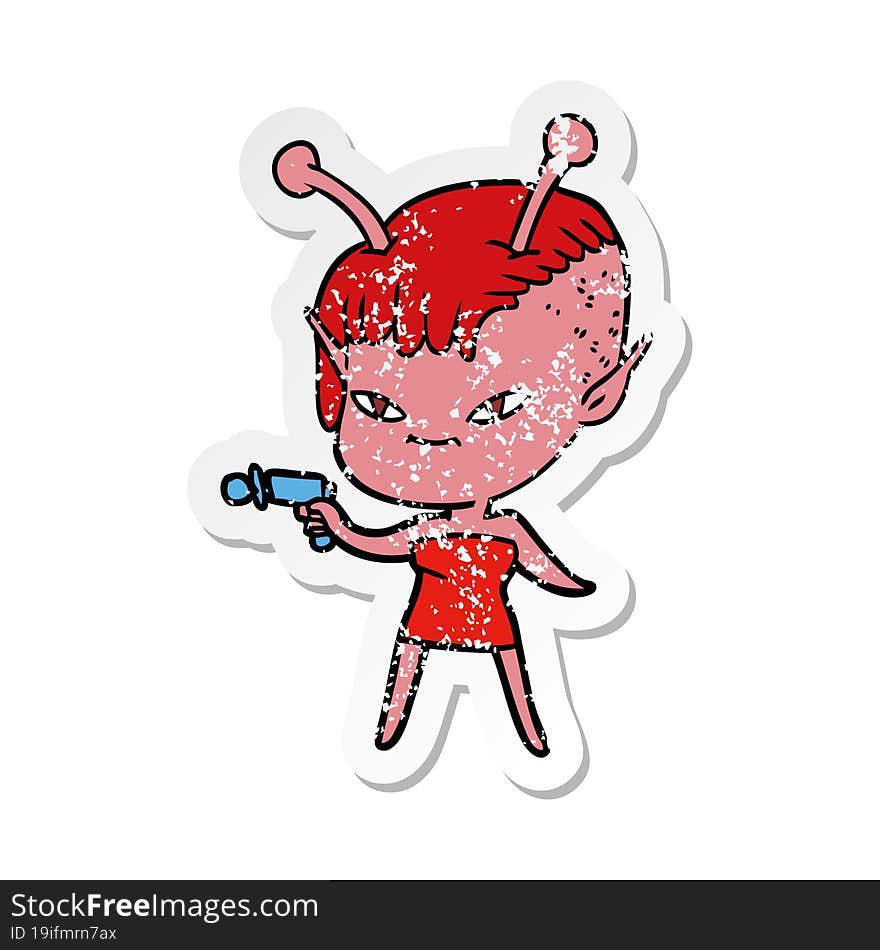 distressed sticker of a cute cartoon alien girl