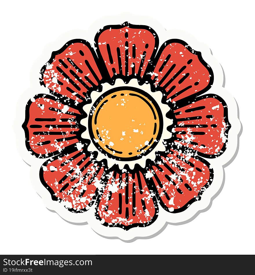 traditional distressed sticker tattoo of a flower