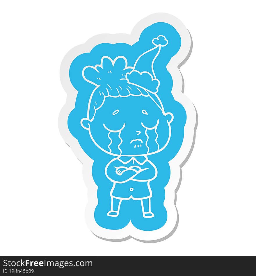 cartoon  sticker of a crying woman wearing santa hat