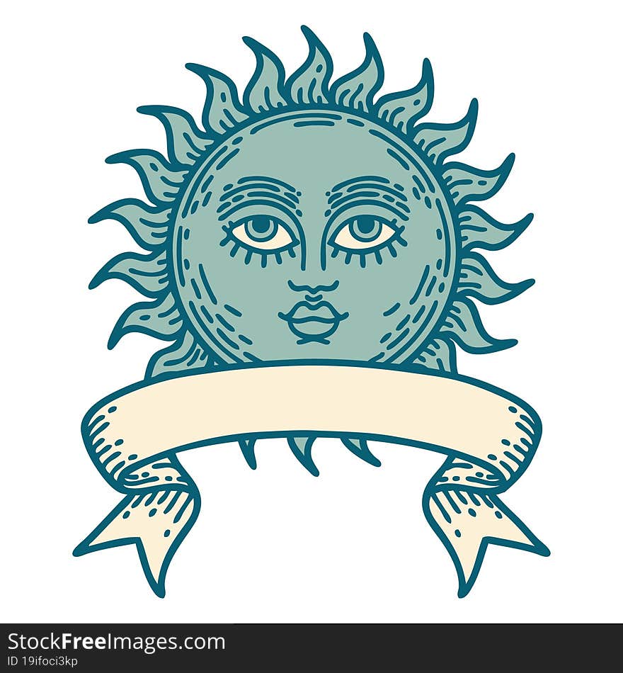 tattoo with banner of a sun with face