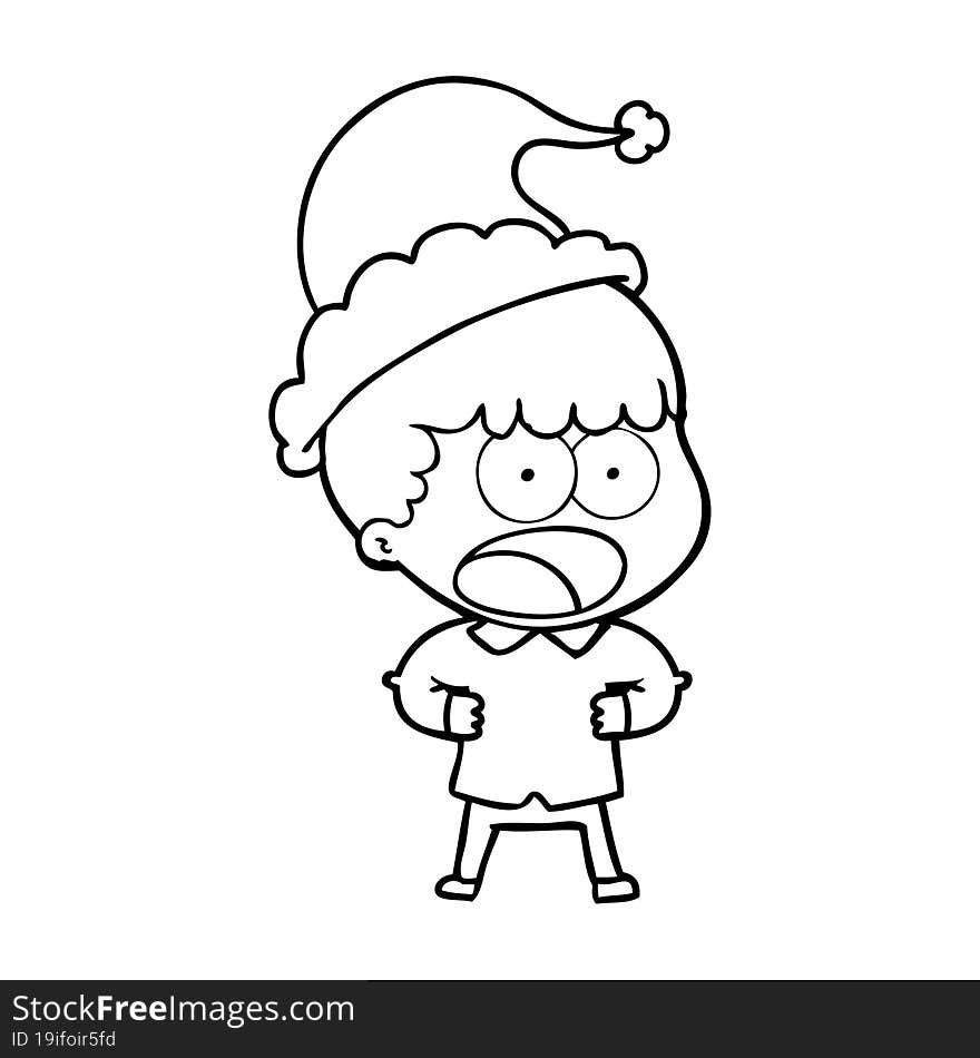 line drawing of a shocked man wearing santa hat