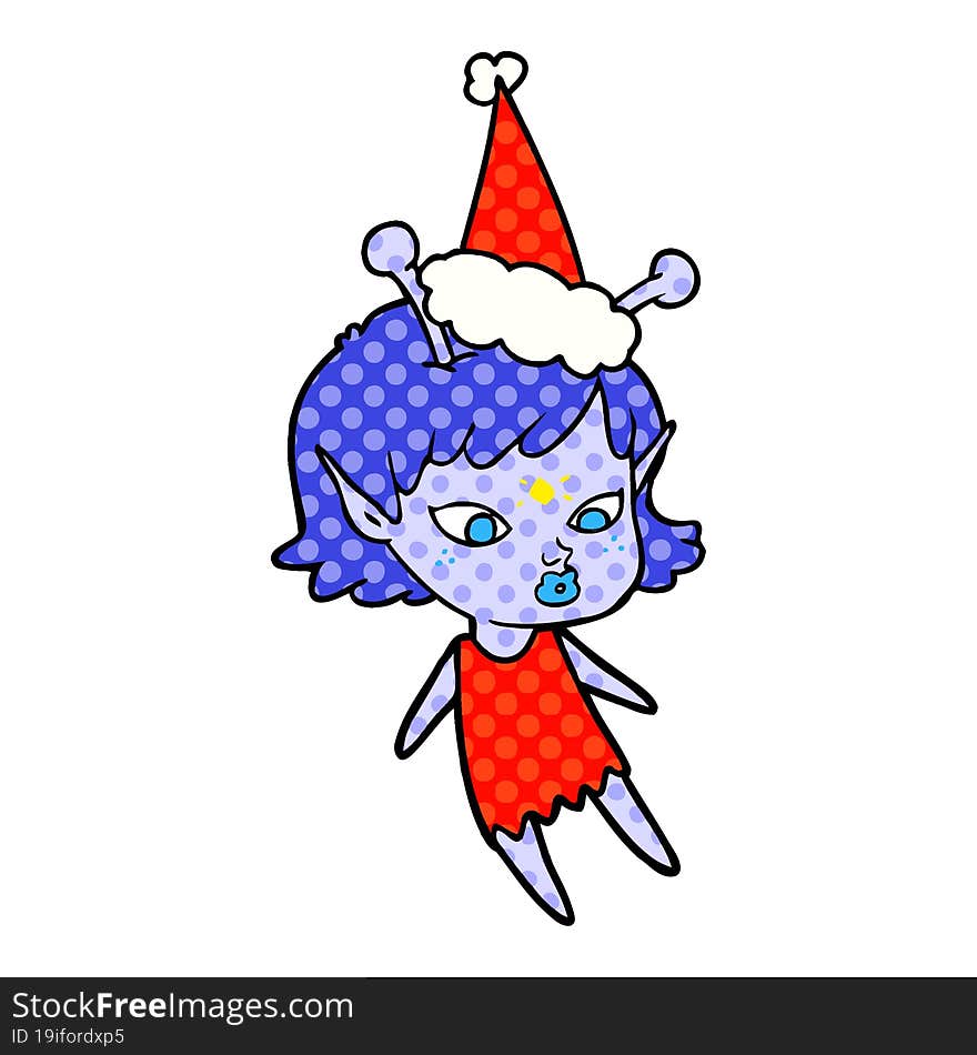 pretty comic book style illustration of a alien girl wearing santa hat