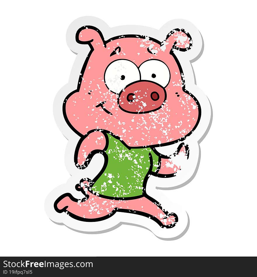 distressed sticker of a happy cartoon pig running