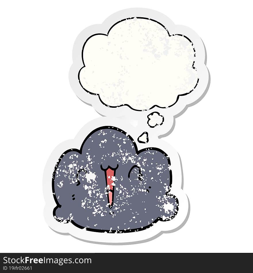 happy cloud cartoon and thought bubble as a distressed worn sticker