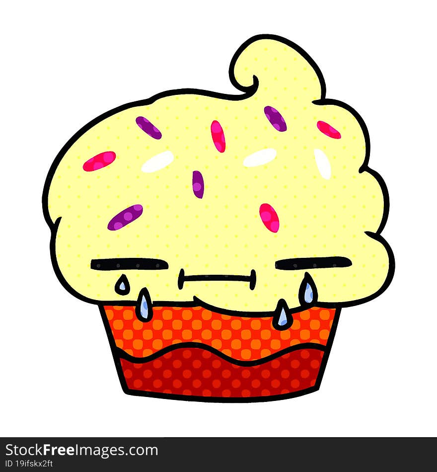 freehand drawn cartoon of a crying cupcake