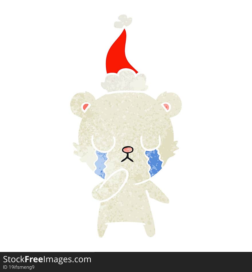 Crying Polar Bear Retro Cartoon Of A Wearing Santa Hat