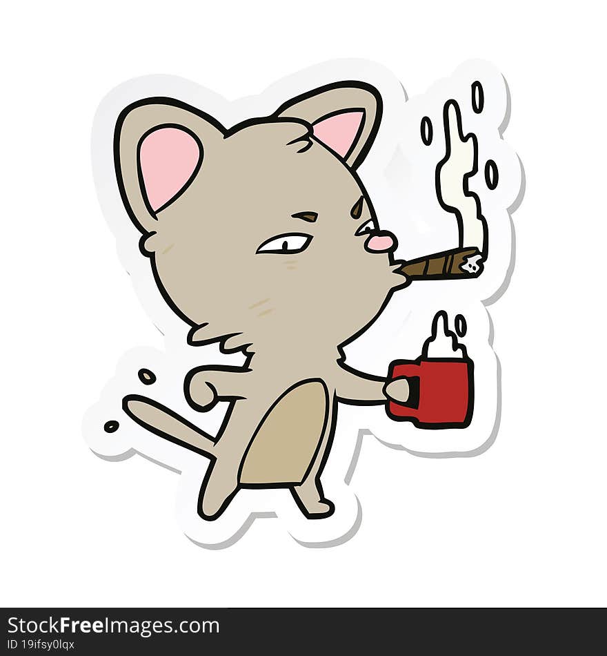 sticker of a cartoon cat with coffee and cigar