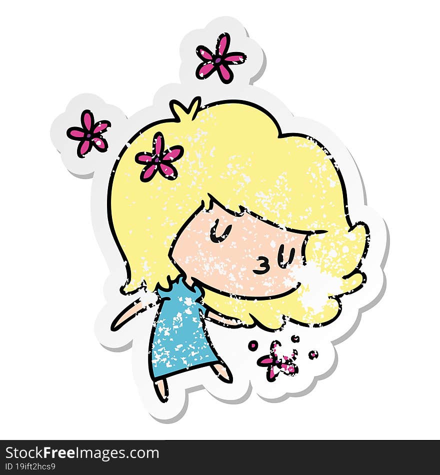 distressed sticker cartoon illustration of a cute kawaii girl. distressed sticker cartoon illustration of a cute kawaii girl