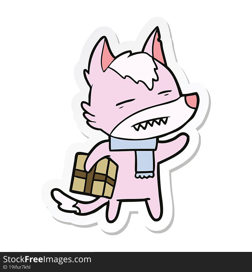 Sticker Of A Cartoon Wolf With A Gift