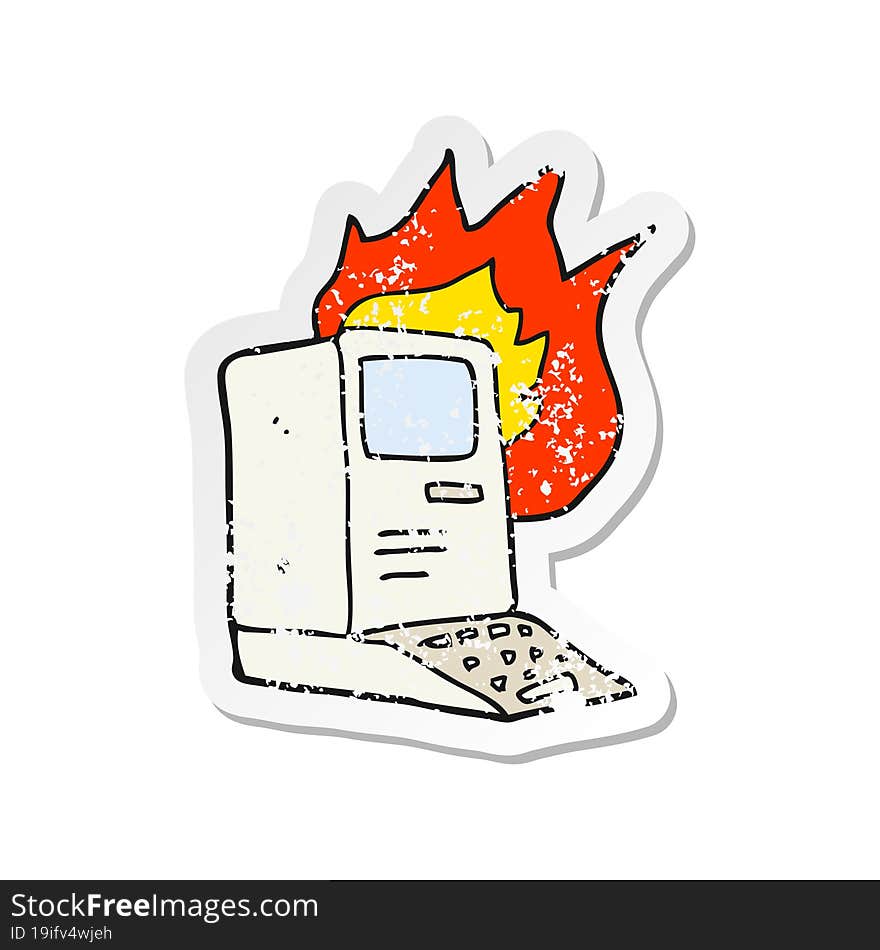 retro distressed sticker of a cartoon old computer on fire