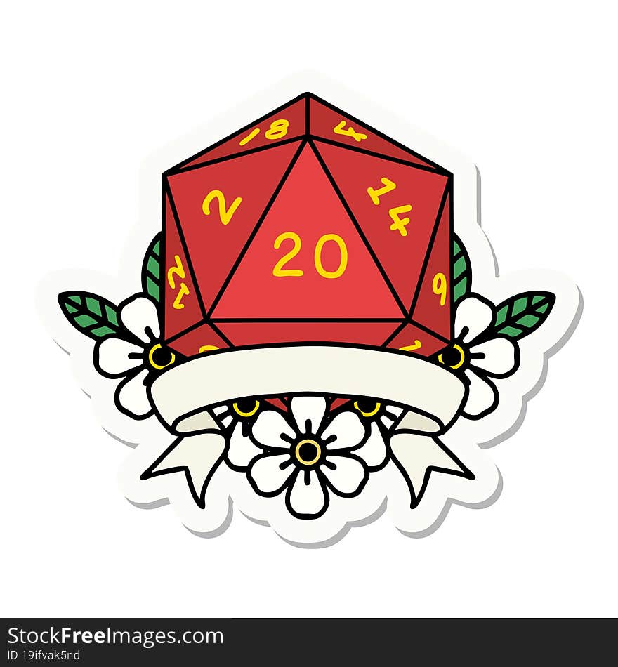 sticker of a natural 20 critical hit D20 dice roll. sticker of a natural 20 critical hit D20 dice roll